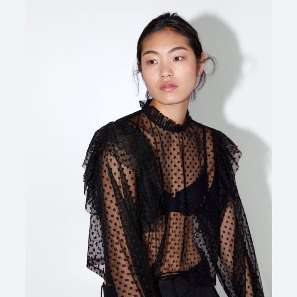 Zara Sheer Polka Dot Ruffled High-Neck Top - Picture 7 of 7